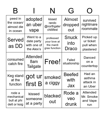 top frat freshman year fallout Bingo Card