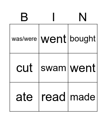 Irregular Verbs Bingo Card