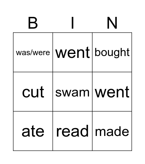 Irregular Verbs Bingo Card