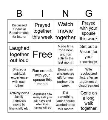 Engage Couples Bingo Card