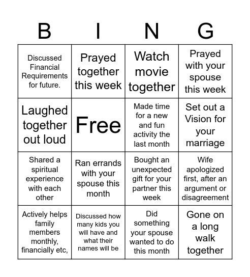 Engage Couples Bingo Card
