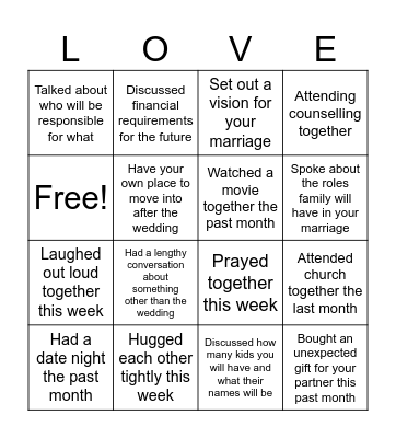 Engaged Couples Bingo Card
