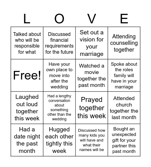 Engaged Couples Bingo Card