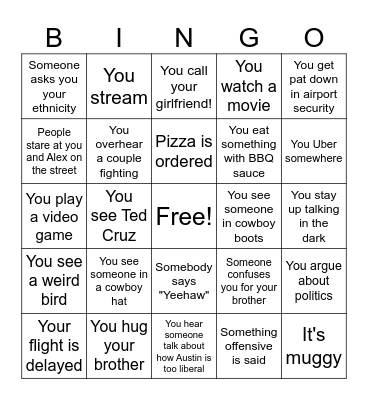 Austin Trip Bingo Card