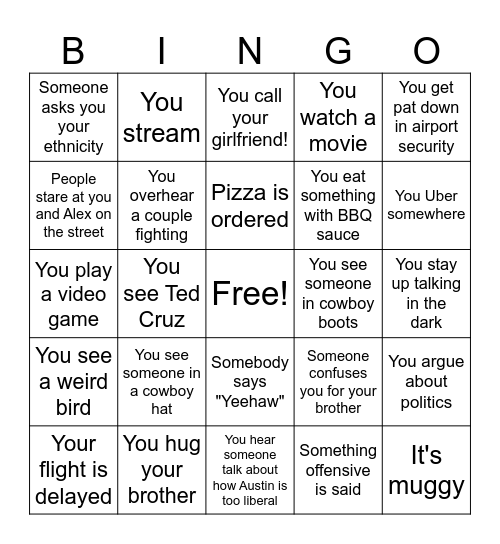 Austin Trip Bingo Card