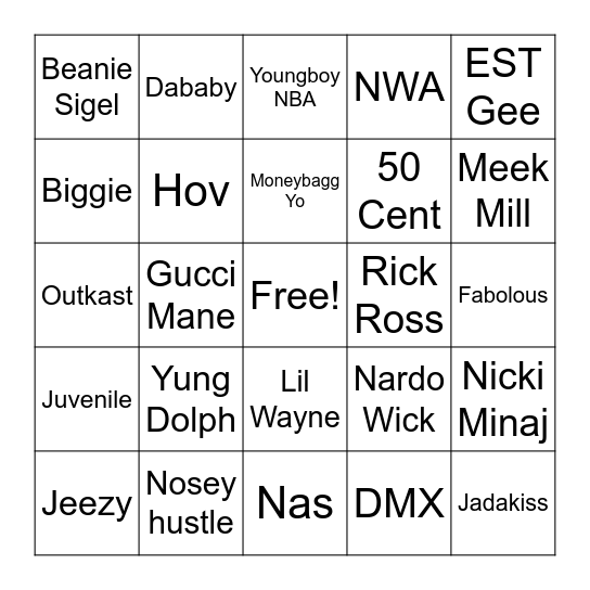 HIP HOP Bingo Card