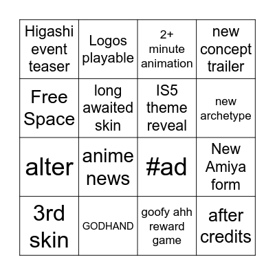 Arknights 5th anni stream bingo Card