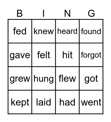 Past Simple Irreg Verbs GIA1+ Bingo Card