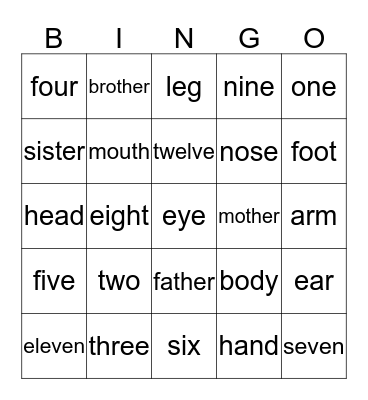 English for beginners Bingo Card