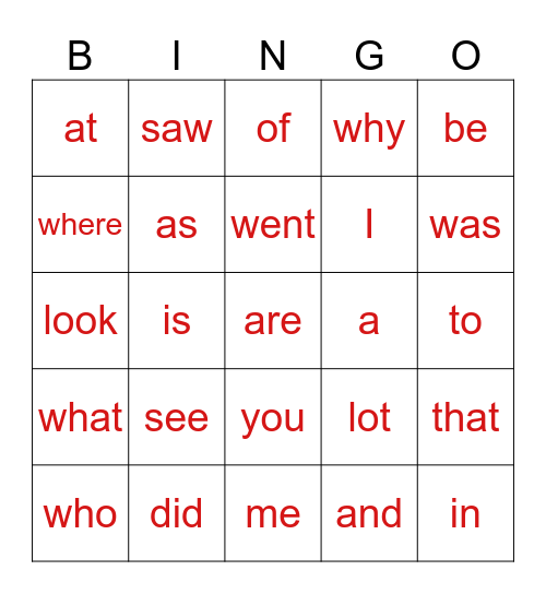 Sight word bingo Card