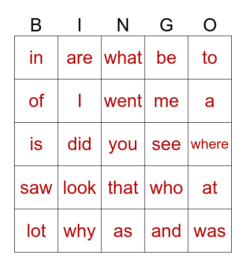 Sight Word Bingo Card