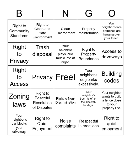 neighbor's rights Bingo Card