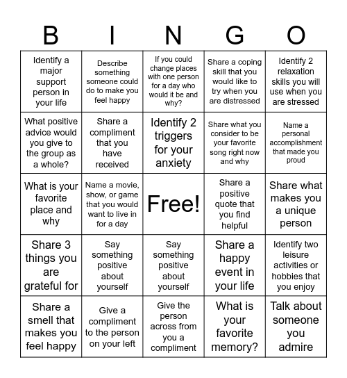 Therapy Bingo Card