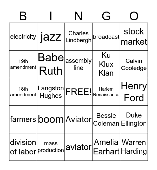 Roaring Twenties Bingo Card