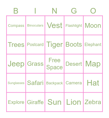 Aria’s Safari Bingo Card