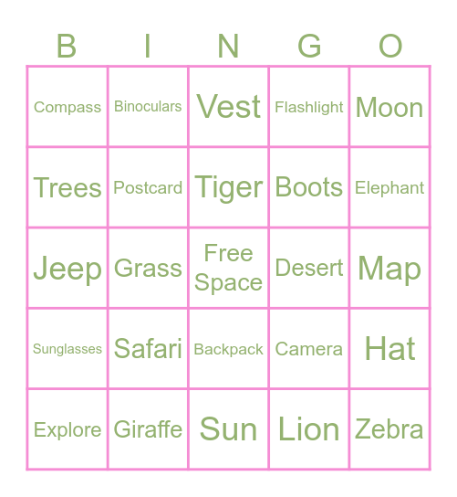 Aria’s Safari Bingo Card