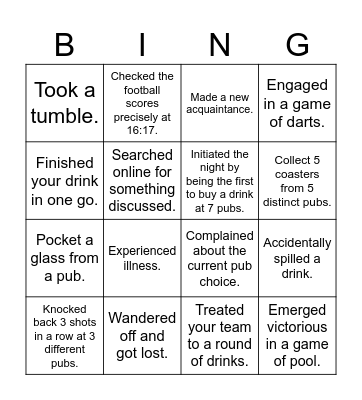 Pub Crawl Bingo Card