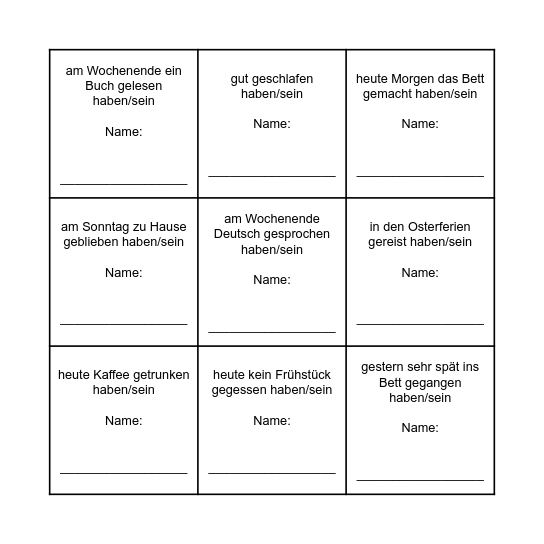 Perfekt Bingo Card