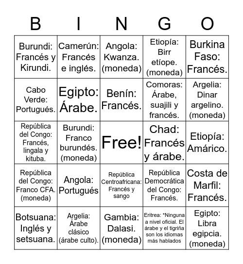 IDIOMAS Y MONEDAS OFICIALES DE ALGUNOS  PAÍSES DE ÁFRICA  Bingo Card