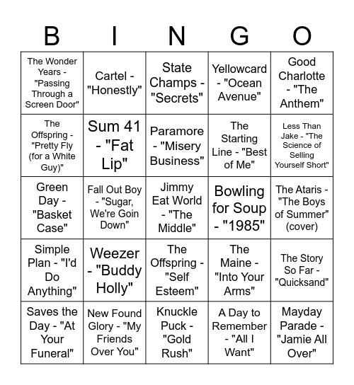 Punk Rock Bingo Card