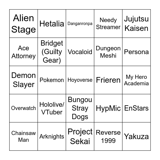 Doujima Fandom Spotting Bingo Card