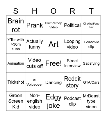 YT Shorts Bingo Card