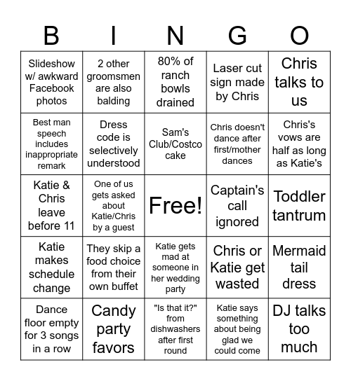 Chris and Katie's Wedding Bingo Card