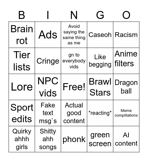 YT Shorts Bingo Card