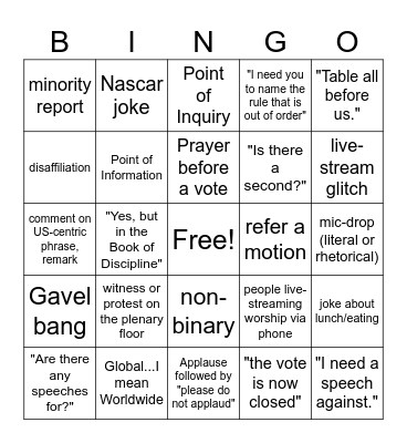 2020 General Conference Bingo Card