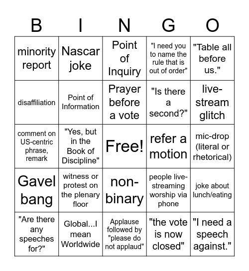 2020 General Conference Bingo Card