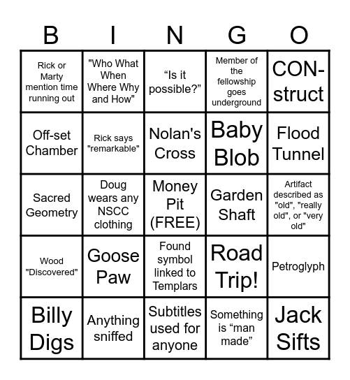 Curse of Oak Island Bingo Card