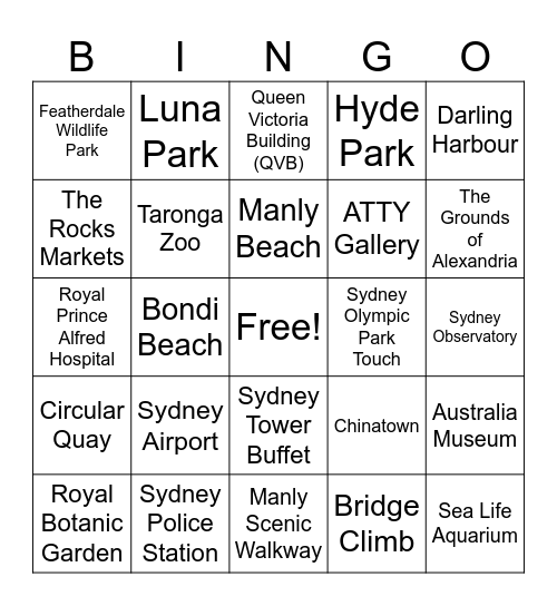 Sydney Bingo Card