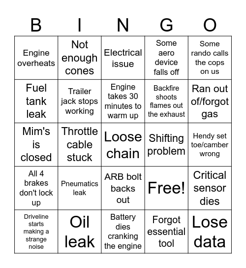 First Driveday Bingo Card