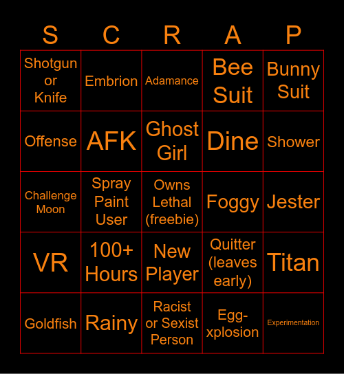 {RANDOM SERVERS} VANILLA LETHAL BINGO Card