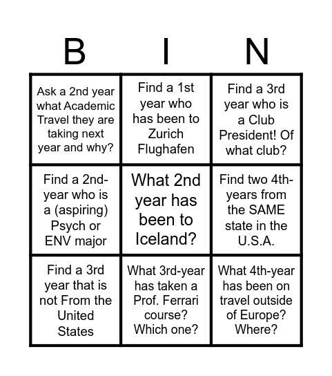 First-Year Bingo Card