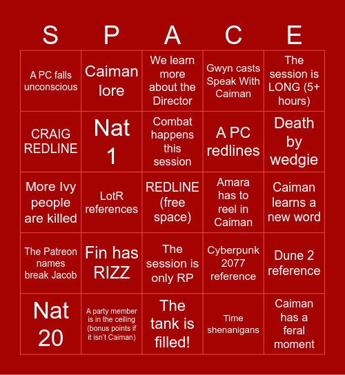 Spelljammer: Redline - Track 15 Bingo Card
