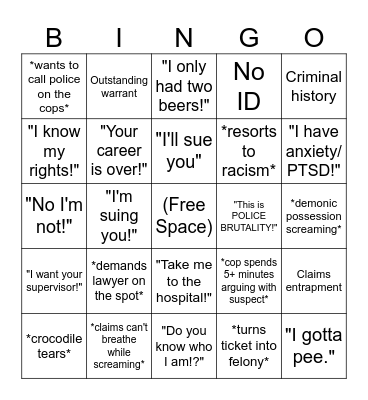 Bodycam Bingo Card
