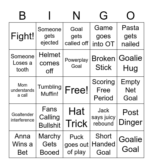 Bruins Bingo Card