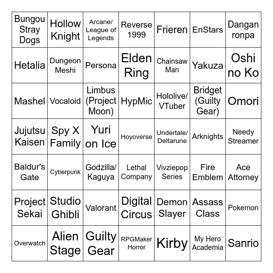 Doujima Fandom Spotting Bingo Card