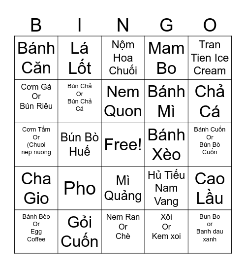 Vietnamese Food Bingo! Bingo Card