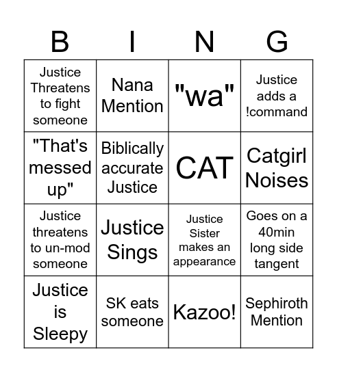 Justice Bingo v1.0 Bingo Card