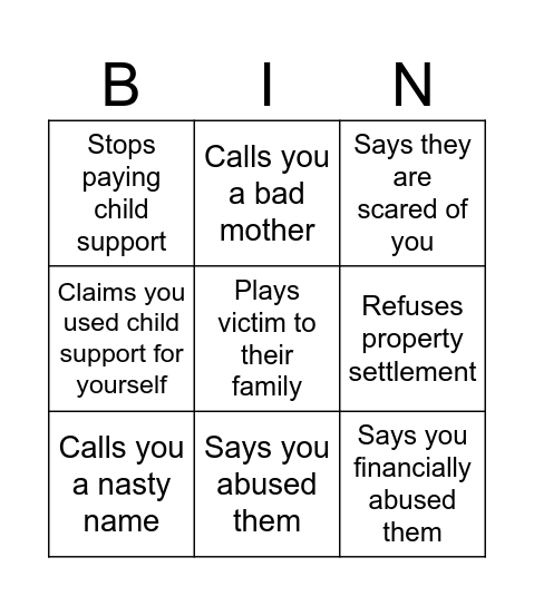 Narcissistic Bingo Card