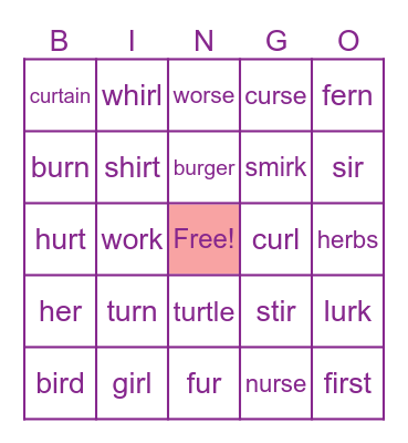ir, ur, or, er words Bingo Card