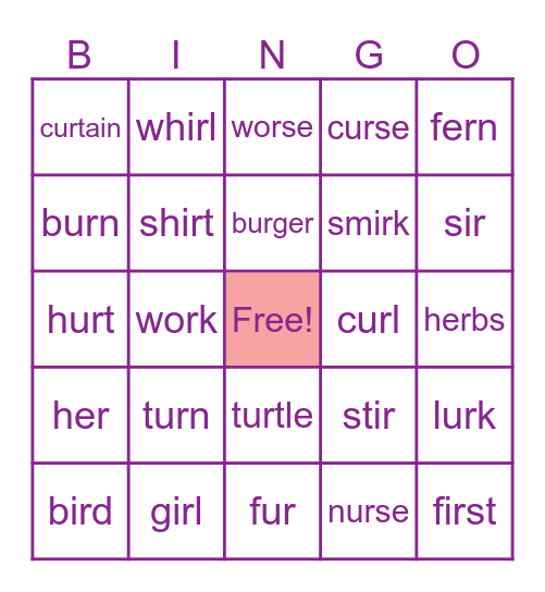 ir, ur, or, er words Bingo Card