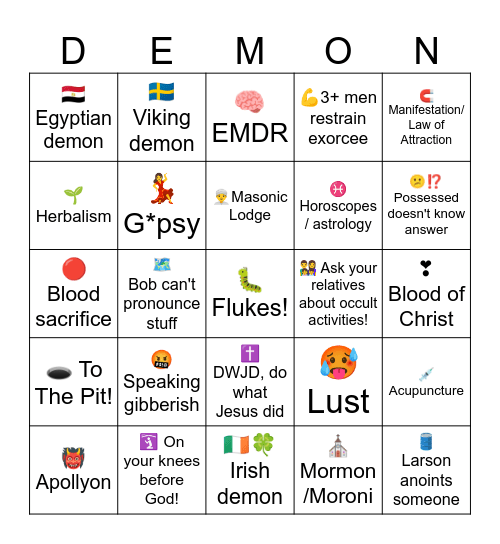 Bob Larson Exorcism Bingo Card