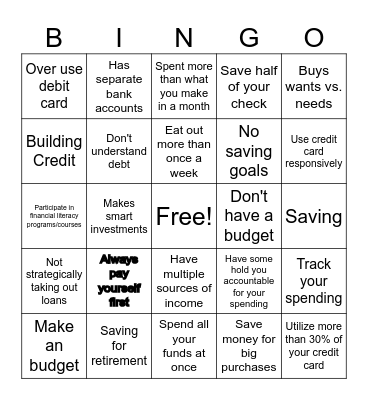 Money Habits Bingo Card