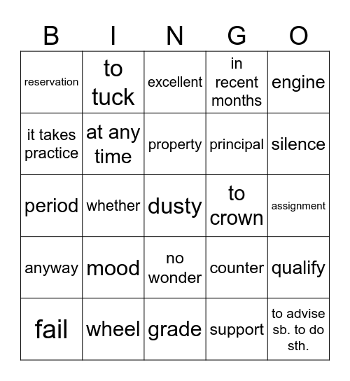 Vocabulary Bingo Unit 4 Part A Bingo Card