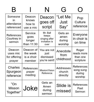 Sundays at Mount Carmel Bingo Card