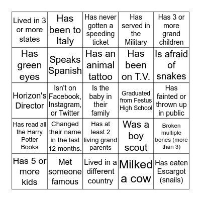 Find Someone Who.... Bingo Card