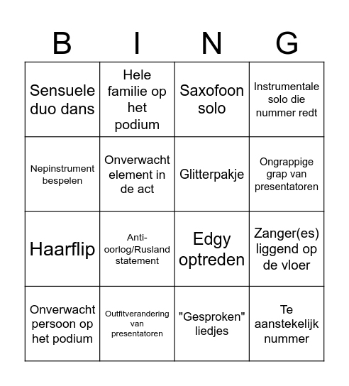 Eurovisie Songfestival Bingo 2024 Bingo Card